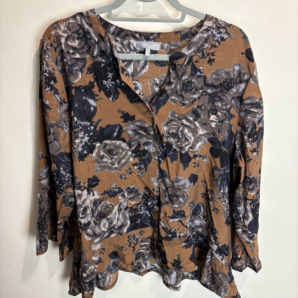 HABITAT Brown Floral Hi Lo Ruffle Hem Button Front Shirt Top Size XL